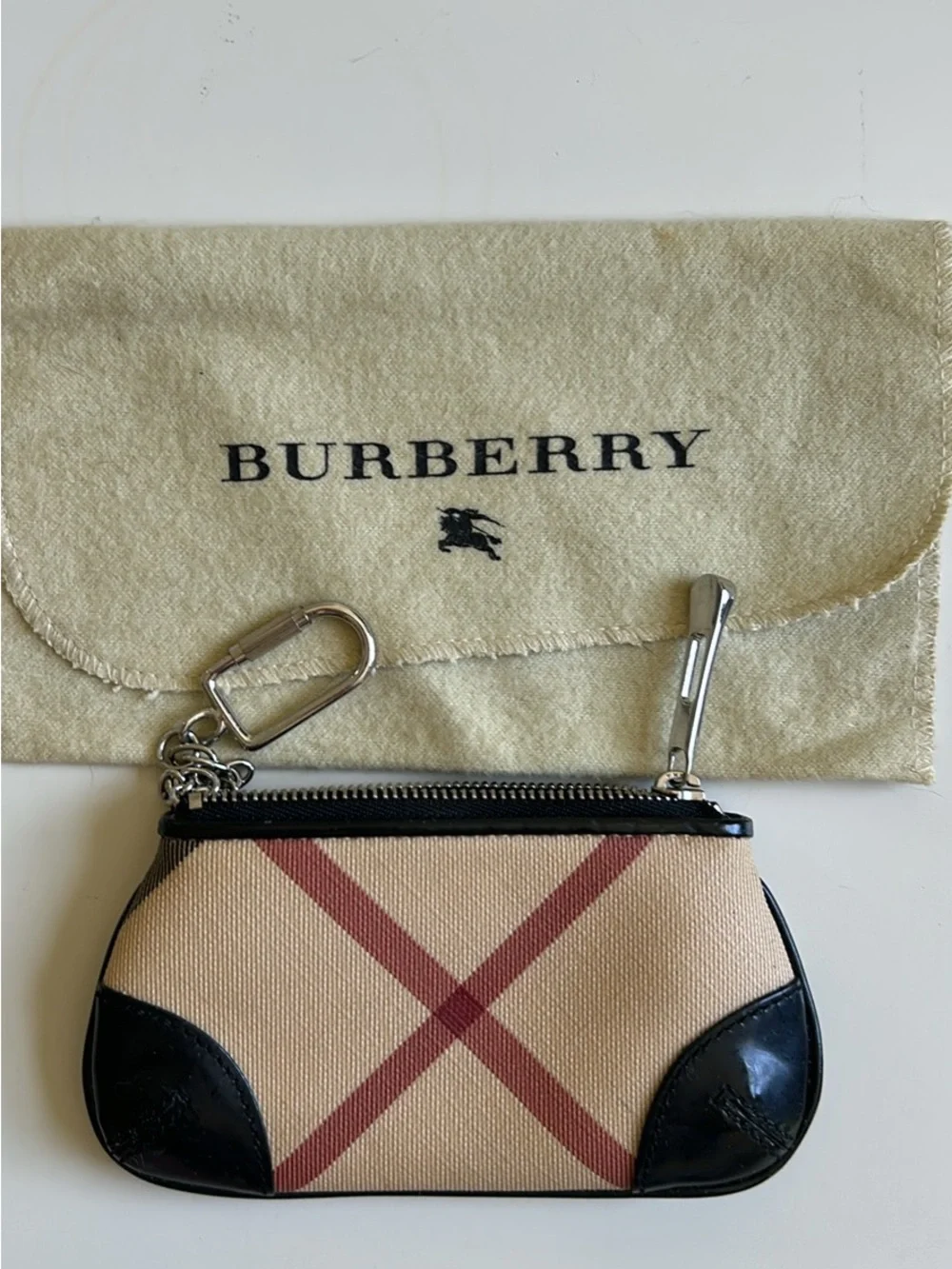Burberry Beige Nova Check Key Pouch with Black Trim and Silver Hardware